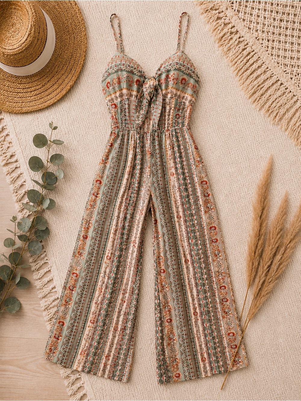 Bohemian Striped Floral Wide-Leg Jumpsuit in Olive and Cream